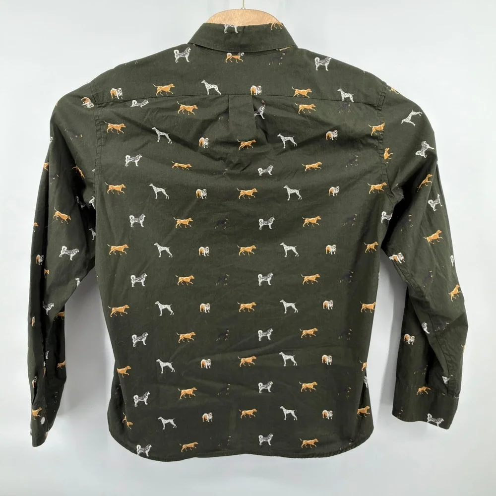 J. Crew Button Down Shirt Mens M Short Green Dog Print Secret Wash Slim Untucked